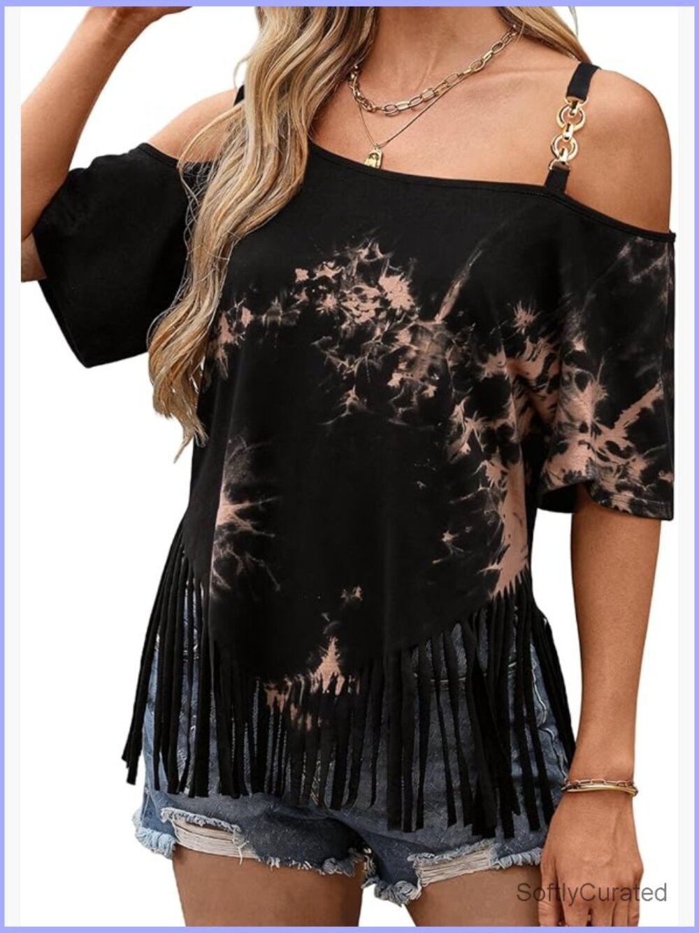 Western Fringe Off Shoulder Top Oversized Short Sleeve Tee